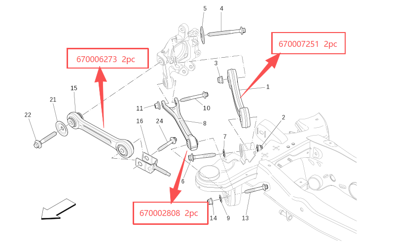 8-piece Rear Suspension Control Arm Kit Compatible with Maserati Ghibli M156 M157, Part Numbers: 670002808, 670006273, 670007252, 670007251