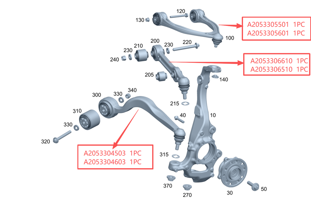 6-piece Set of Front Upper & Lower Control Arms for Benz W205: A2053305501, A2053305601, A2053306610, A2053306510, A2053304503, A2053304603